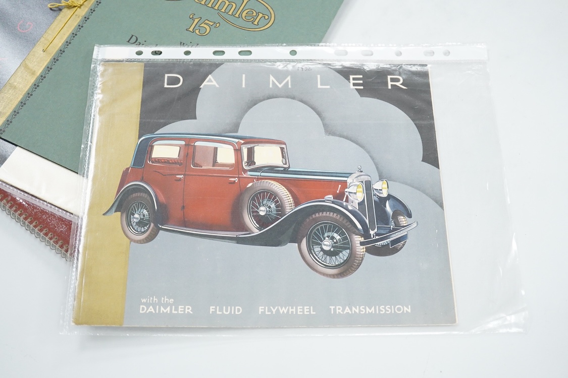 Six 1930s to 1960s Jaguar and Daimler motor car manufacturer’s brochures; the Daimler 15 (produced 1932-37), a folding poster of the 1930s Daimler range, the Jaguar XK140 (produced 1954-57), the Jaguar Mk.II (produced 19